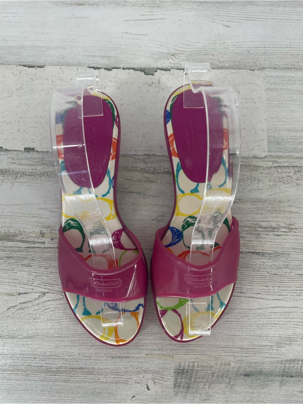 VTG Y2K Coach SCRIBBLE Signature Jelly Pink Kitten Heel Slip On Sandals Size 7.5 - Picture 3 of 6